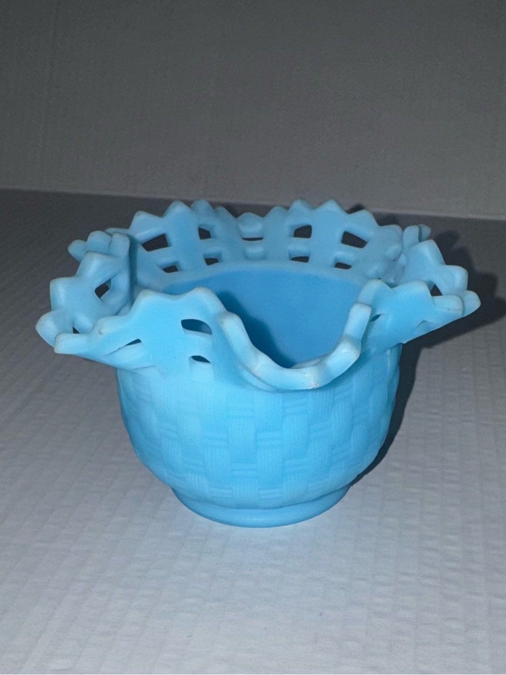Fenton milk Blue ceramic basket weave bowl 3" X 6"